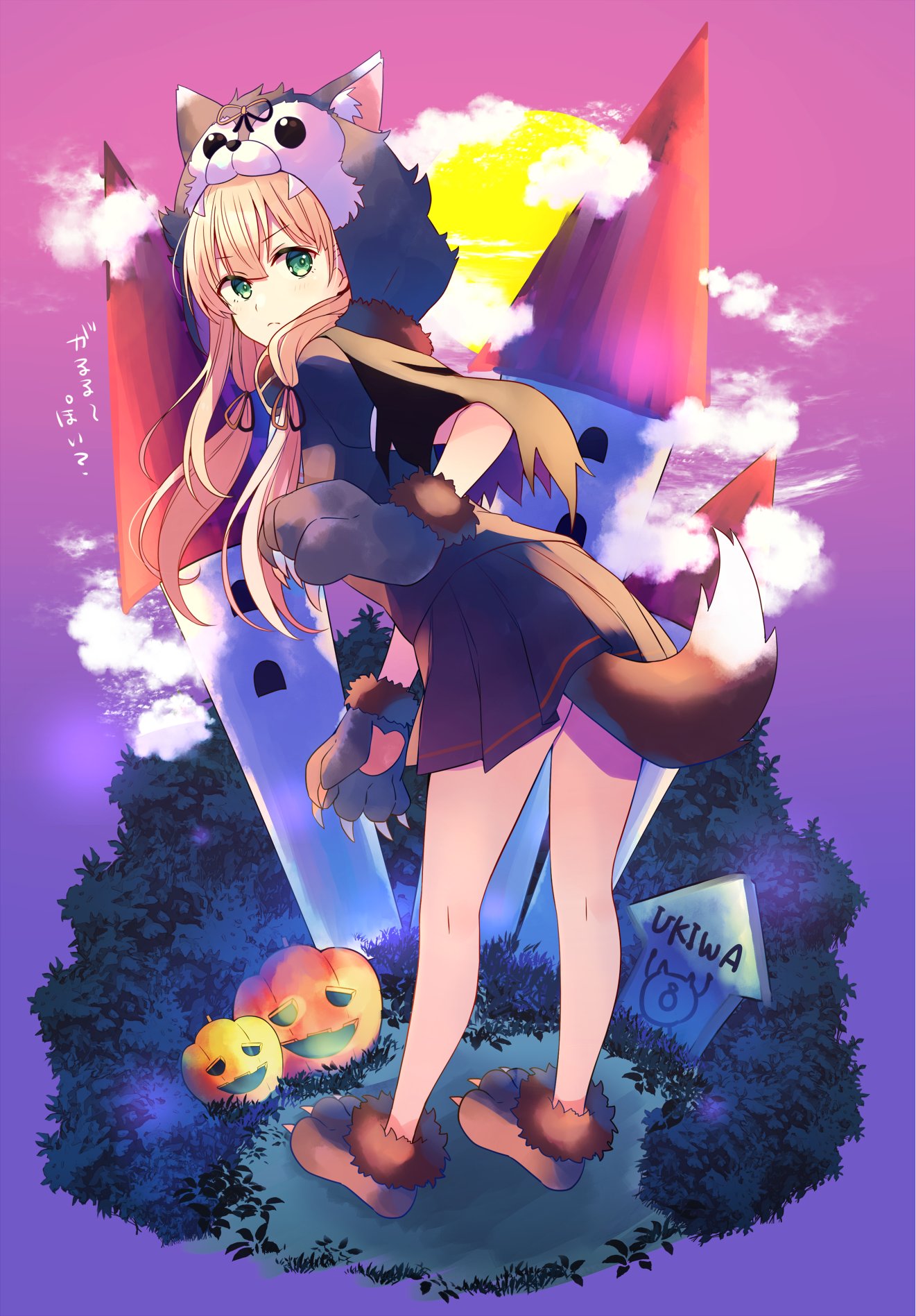 1girl animal_hood bangs black_skirt blonde_hair breasts closed_mouth clouds dog_hood dog_tail fake_tail fog full_body gloves green_eyes hair_ribbon halloween halloween_costume highres hood jack-o'-lantern kantai_collection long_hair moon paw_gloves paw_shoes paws pleated_skirt purple_background ribbon sailor_collar school_uniform serafuku shoes short_sleeves skirt solo standing tail tombstone yukichi_(eikichi) yuudachi_(kantai_collection)