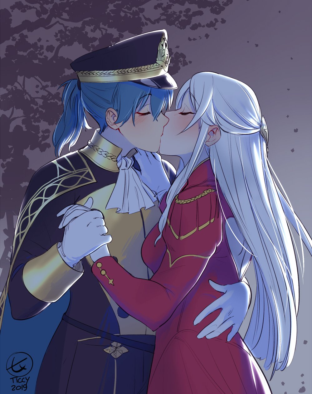 2girls alternate_hairstyle arm_around_waist blush byleth_(fire_emblem) byleth_eisner_(female) cape closed_eyes couple cravat edelgard_von_hresvelg fire_emblem fire_emblem:_three_houses hat highres holding_hands kiss long_hair multiple_girls night peaked_cap ponytail silver_hair ticcy tree tree_branch upper_body yuri