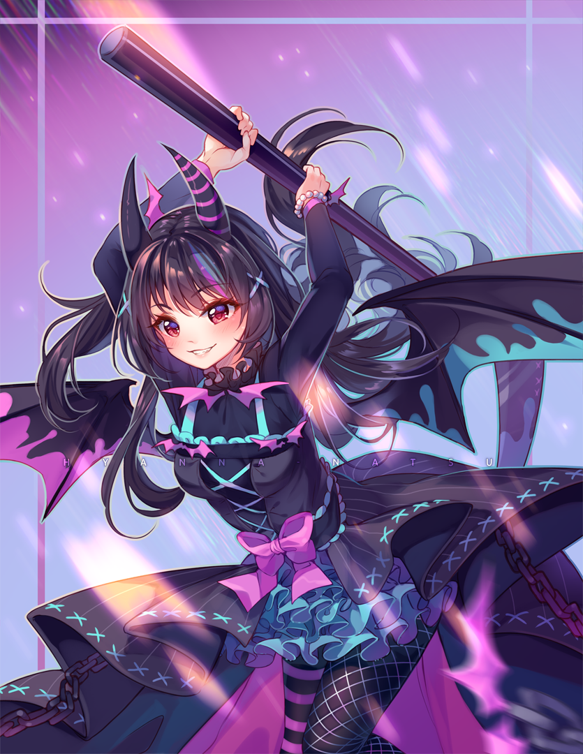 1girl arms_up artist_name bangs black_dress black_hair black_legwear black_wings blue_hair blurry blurry_foreground blush bow breasts commentary demon_girl demon_horns demon_wings depth_of_field dress english_commentary eyebrows_visible_through_hair frills grin holding holding_scythe horns hyanna-natsu long_hair long_sleeves looking_away mismatched_legwear multicolored_hair original pantyhose pink_bow pink_hair red_eyes scythe small_breasts smile solo streaked_hair striped striped_legwear very_long_hair wings
