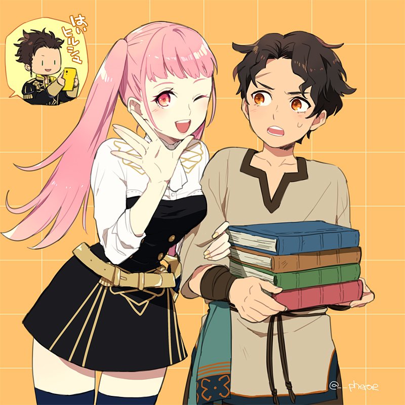 1girl 2boys belt book brown_hair cellphone claude_von_riegan cyril_(fire_emblem) dark_skin dark_skinned_male fire_emblem fire_emblem:_three_houses garreg_mach_monastery_uniform guttary hilda_valentine_goneril holding holding_book holding_phone long_hair long_sleeves multiple_boys nail_polish one_eye_closed open_mouth phone pink_eyes pink_hair short_hair short_sleeves simple_background smartphone thigh-highs twintails twitter_username uniform