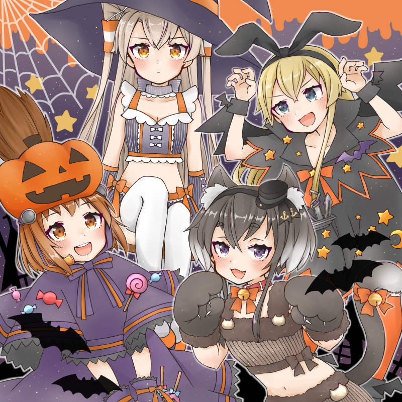 4girls alternate_costume amatsukaze_(kantai_collection) anchor anchor_hair_ornament anchor_symbol animal animal_ear_fluff animal_ears bangs bat black_hair blonde_hair blush breasts broom brown_hair candy cat_ears cat_tail closed_mouth cocoperino eyebrows_visible_through_hair food gloves gradient_hair hair_ornament hair_tubes hairband halloween halloween_costume hat headgear jack-o'-lantern kantai_collection long_hair multicolored_hair multiple_girls navel open_mouth paw_gloves paws shimakaze_(kantai_collection) short_hair short_hair_with_long_locks silk silver_hair spider_web star tail tokitsukaze_(kantai_collection) two_side_up wings witch_hat yukikaze_(kantai_collection)