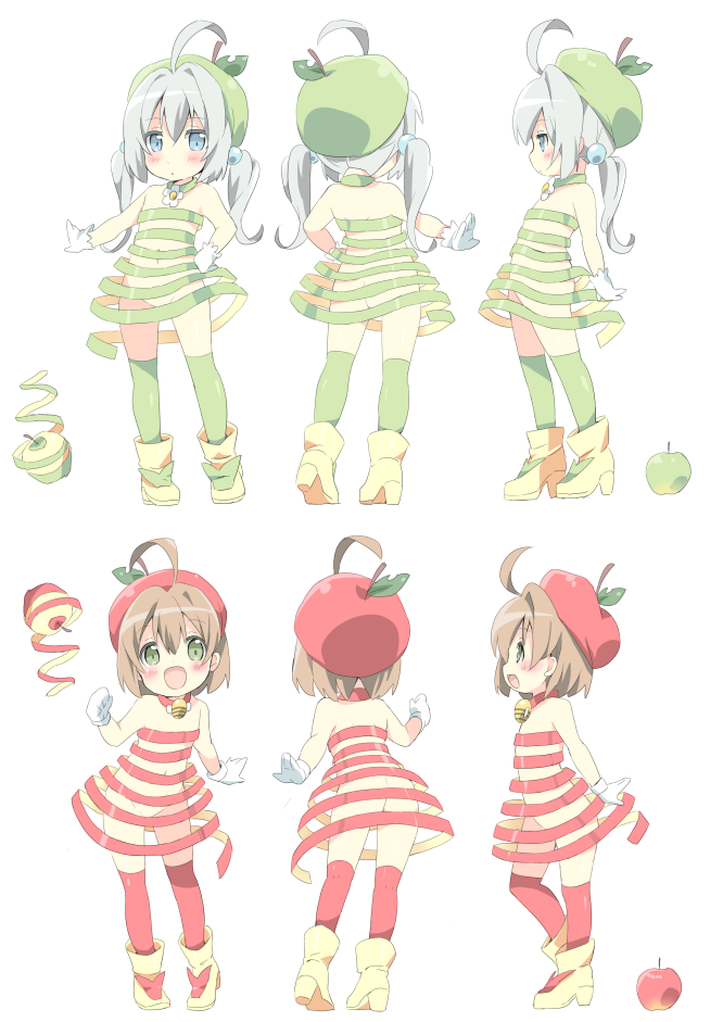 ahoge apple apple_peel ass bare_shoulders blush breasts brown_hair chibi commentary_request food fruit gloves green_eyes looking_at_viewer multiple_girls multiple_views neneko-n original personification red_legwear short_hair simple_background small_breasts thigh-highs white_background white_gloves