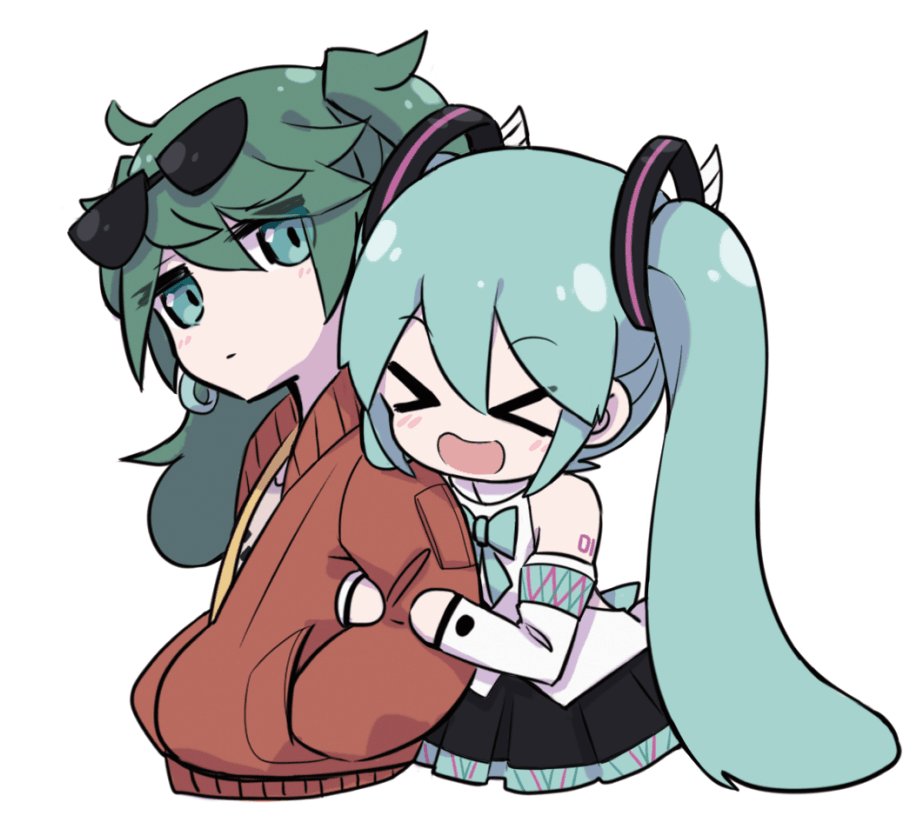 &gt;_&lt; 2girls aqua_bow aqua_eyes aqua_hair arm_hug bare_shoulders black_skirt black_sleeves bow bowtie chibi commentary dual_persona expressionless eyewear_on_head green_hair hair_ornament hands_in_pockets hatsune_miku holding_arm jacket long_hair looking_at_another magical_mirai_(vocaloid) multiple_girls nejikyuu open_mouth pleated_skirt red_jacket shirt shoulder_tattoo skirt smile suna_no_wakusei_(vocaloid) sunglasses tattoo twintails upper_body very_long_hair vocaloid white_shirt white_sleeves yuri