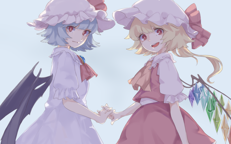 2girls :d ascot bangs bat_wings blonde_hair blue_background blue_hair breasts brooch chishibuki_hiyoko closed_mouth collar collared_dress collared_shirt commentary_request cowboy_shot crystal dress flandre_scarlet frilled_collar frilled_shirt_collar frills hat hat_ribbon holding_hands interlocked_fingers jewelry light_blue_hair looking_at_viewer looking_to_the_side mob_cap multiple_girls one_side_up open_mouth puffy_short_sleeves puffy_sleeves rainbow_order red_eyes red_neckwear red_ribbon red_skirt red_vest remilia_scarlet ribbon shirt short_hair short_hair_with_long_locks short_sleeves siblings sisters skirt skirt_set small_breasts smile touhou vest white_dress white_shirt wings yellow_neckwear