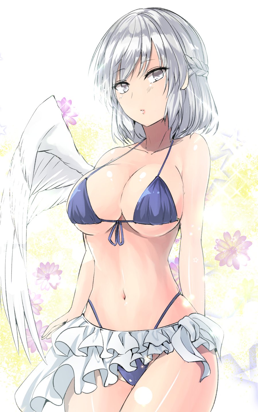 1girl bangs bare_arms bare_shoulders bikini bikini_skirt blue_bikini braid breasts collarbone commentary_request cowboy_shot eyebrows_visible_through_hair feathered_wings flower french_braid front-tie_bikini front-tie_top grey_eyes halterneck highleg highleg_bikini highres kishin_sagume large_breasts looking_at_viewer navel purple_flower short_hair silver_hair single_wing solo standing stomach swimsuit thighs touhou white_background white_wings wings y2
