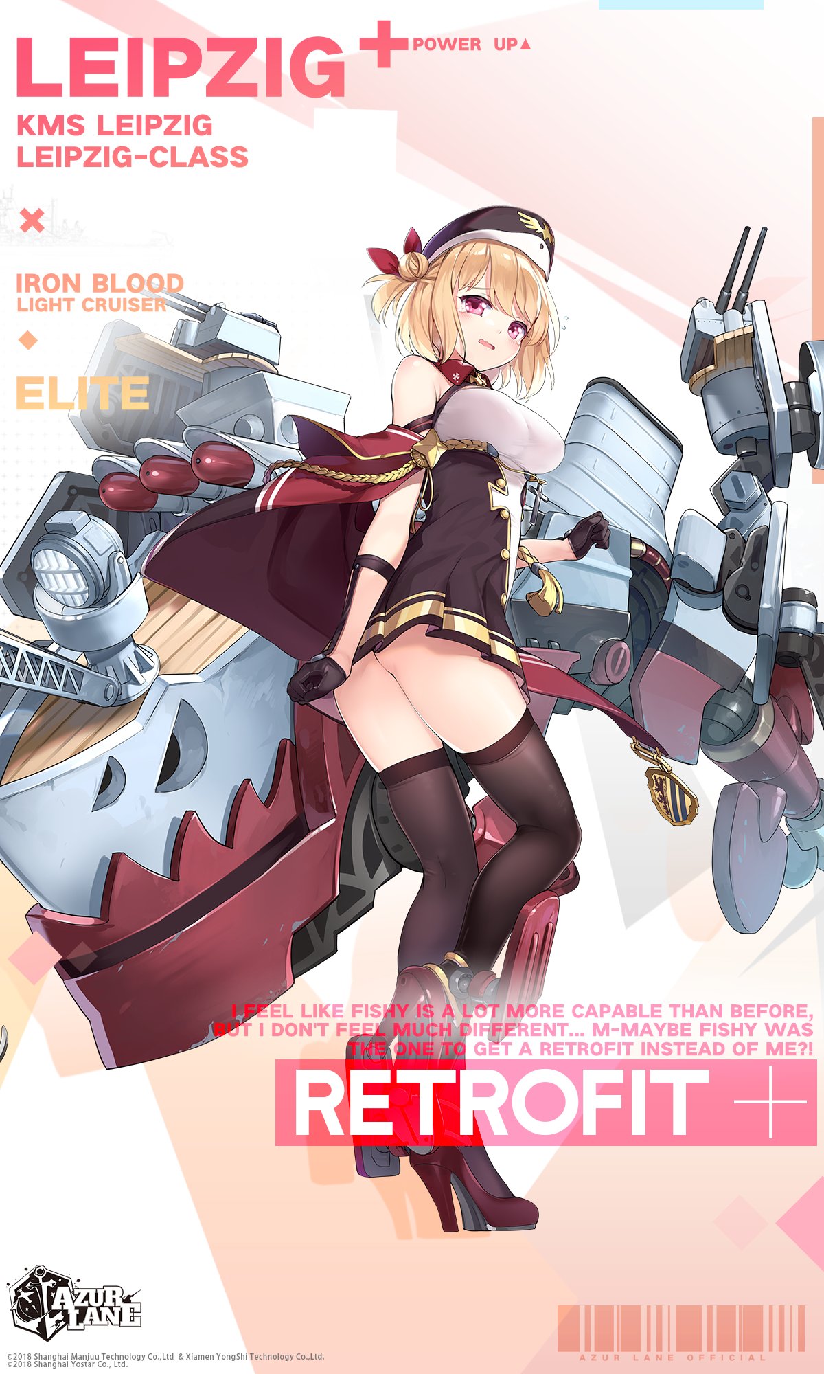 1girl ass azur_lane bare_shoulders black_gloves black_headwear black_legwear blonde_hair blush breasts buttons character_name copyright_name crane dress english_commentary english_text flying_sweatdrops full_body gloves hair_bun hair_ribbon hat high_heels highres kaede_(003591163) leipzig_(azur_lane) looking_at_viewer looking_back machinery medium_breasts military_hat official_art one_side_up open_mouth pink_eyes pleated_dress retrofit_(azur_lane) ribbon rudder_footwear short_dress short_hair side_bun sleeveless sleeveless_dress smokestack solo standing standing_on_one_leg tears thigh-highs thighs torpedo torpedo_launcher turret twisted_torso wavy_mouth wing_collar