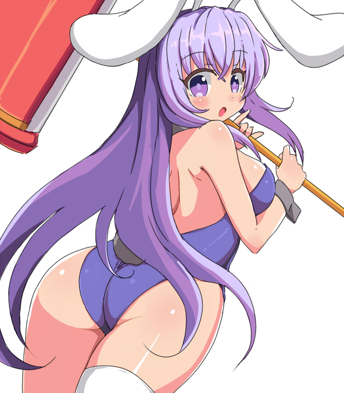 1girl :o animal_ears ass bangs bare_arms bare_back bare_shoulders breasts bunny_girl bunny_tail bunnysuit erina_(rabi-ribi) eyebrows_visible_through_hair from_behind hair_between_eyes hammer leotard long_hair looking_at_viewer looking_back medium_breasts naitou_kouse purple_hair purple_leotard rabbit_ears rabi-ribi simple_background single_thighhigh solo tail thigh-highs very_long_hair violet_eyes white_background white_legwear wrist_cuffs