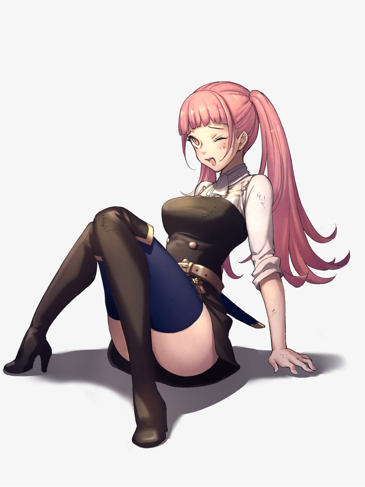 1girl bangs belt black_footwear blue_legwear blunt_bangs boots breasts dirty_clothes dirty_face fire_emblem fire_emblem:_three_houses full_body garreg_mach_monastery_uniform high_heel_boots high_heels highres hilda_valentine_goneril knee_boots knees_together_feet_apart long_hair medium_breasts miniskirt moyashi_mou2 neckerchief one_eye_closed open_mouth pink_eyes pink_hair scabbard shadow sheath sheathed simple_background sitting skirt sleeves_rolled_up solo sword thigh-highs thighhighs_under_boots thighs twintails weapon white_background