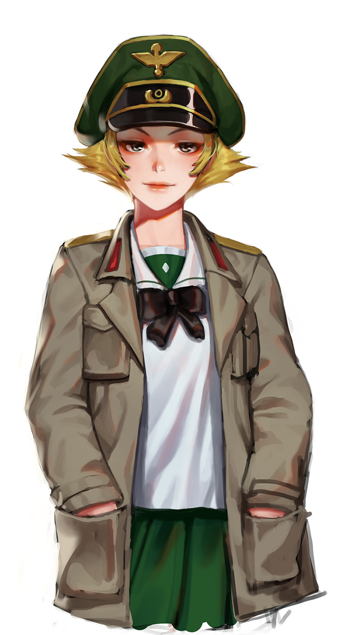 1girl black_bow black_neckwear blonde_hair blouse bow bowtie brown_eyes brown_jacket closed_mouth commentary cowboy_shot cropped_torso diestro erwin_(girls_und_panzer) girls_und_panzer green_skirt half-closed_eyes hands_in_pockets hat highres jacket long_sleeves looking_at_viewer military_hat military_jacket miniskirt ooarai_school_uniform open_clothes open_jacket peaked_cap pleated_skirt pointy_hair school_uniform serafuku short_hair simple_background skirt smile solo standing white_background white_blouse
