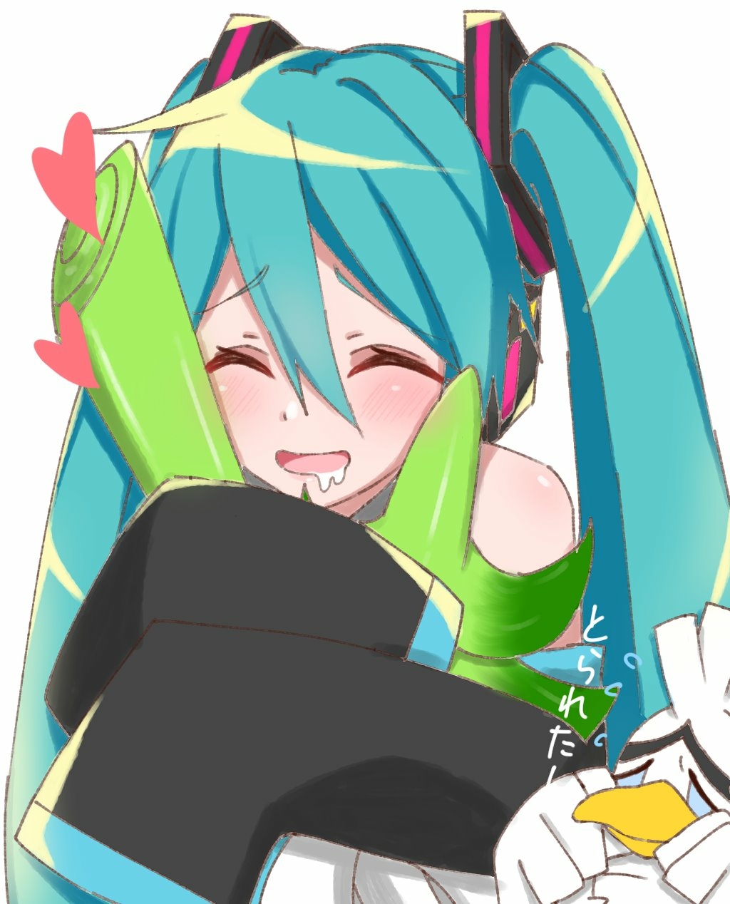 1boy 1girl aqua_hair bare_shoulders beak bird black_sleeves blush closed_eyes crossover crying detached_sleeves drooling hair_ornament happy hatsune_miku headphones heart highres holding_spring_onion long_hair open_mouth pokemon sirfetch'd smile spring_onion supo01 sweatdrop tears translated twintails upper_body very_long_hair vocaloid white_bird wiping_tears