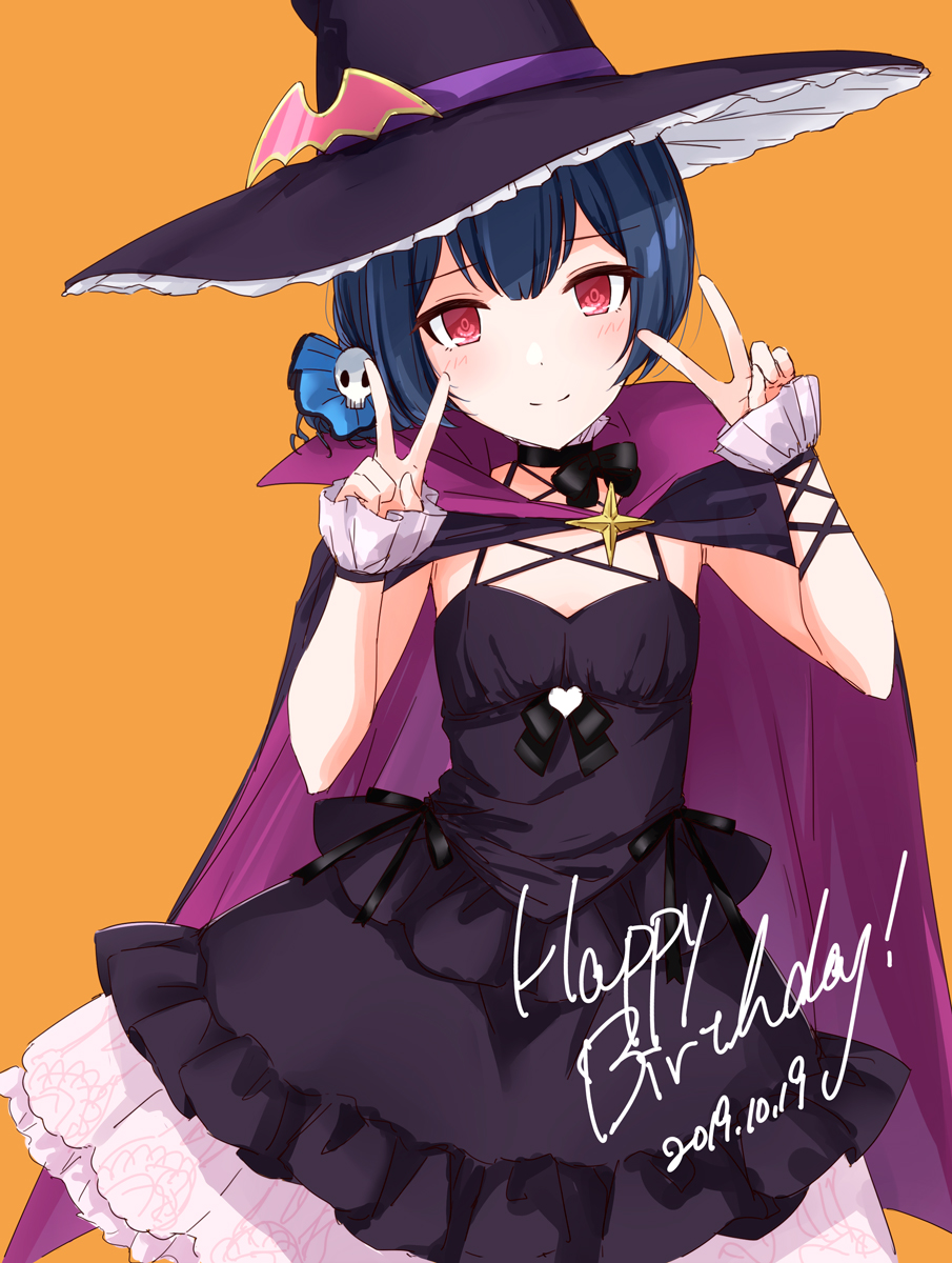 1girl 2019 alternate_costume birthday black_dress blue_hair blush dated double_v dress hair_ornament halloween_costume hat highres idolmaster idolmaster_shiny_colors looking_at_viewer morino_rinze orange_background red_eyes short_hair simple_background smile solo suke_(momijigari) v witch_hat