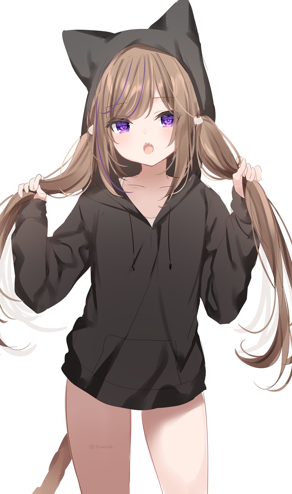 1girl :o alternate_hairstyle animal_ears animal_hood bangs black_hoodie brown_hair cat_ears cat_girl cat_hair_ornament cat_hood cat_tail collarbone cowboy_shot drawstring eyebrows_visible_through_hair fake_animal_ears fang fangs hair_ornament hands_up highres holding holding_hair hood hood_up hoodie hoodie_dress leo_(mafuyu) long_hair long_sleeves looking_at_viewer mafuyu_(chibi21) multicolored_hair open_mouth original purple_hair sidelocks simple_background sleeves_past_wrists solo standing streaked_hair tail thighs twintails twitter_username violet_eyes white_background