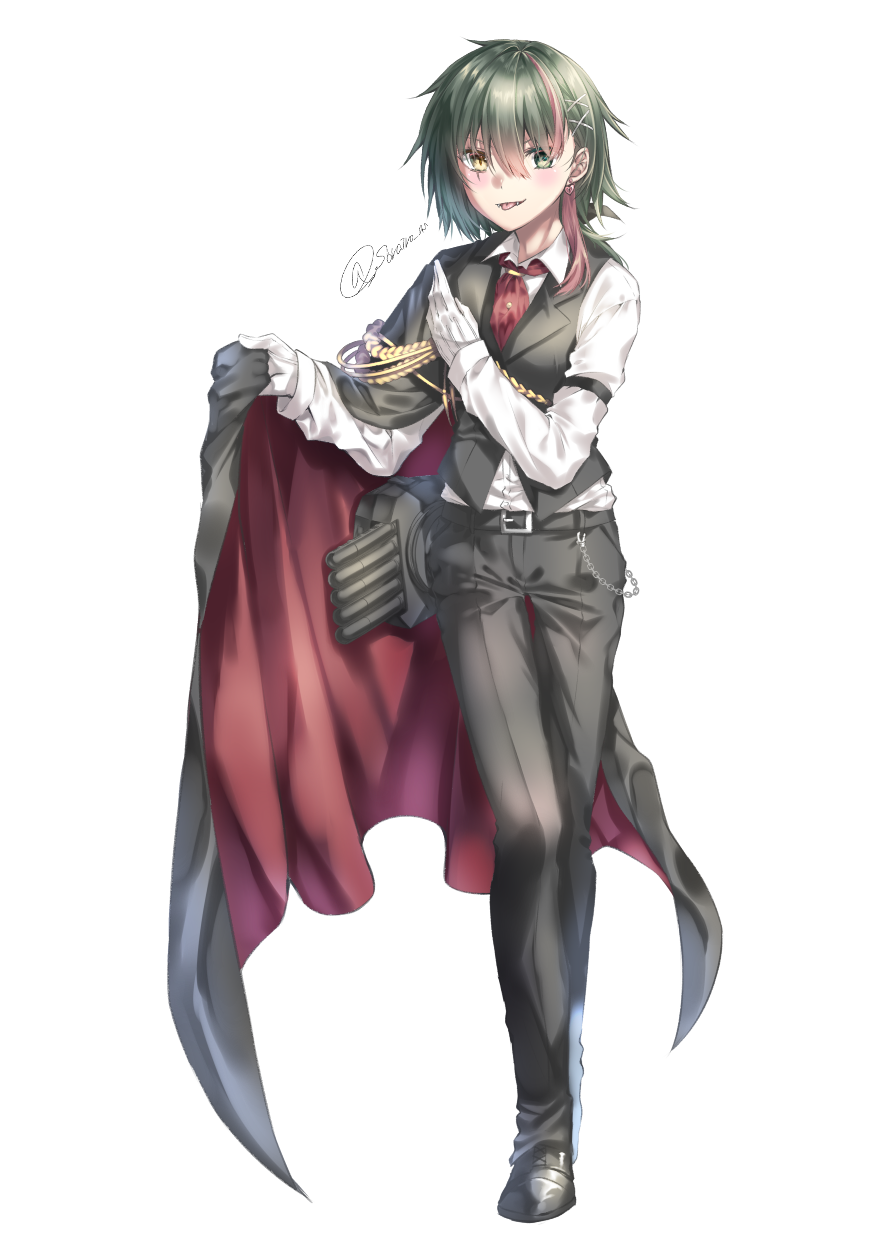 1girl alternate_costume belt black_belt black_cloak black_footwear black_pants black_vest cloak earrings full_body green_eyes green_hair heart_lock_(kantai_collection) heterochromia highres jewelry kantai_collection kiso_(kantai_collection) long_sleeves multicolored_cloak necktie pants red_cloak red_neckwear rigging scar scar_across_eye shirt short_hair simple_background solo standing torpedo_launcher torpedo_tubes vest white_background white_shirt yellow_eyes yuihira_asu