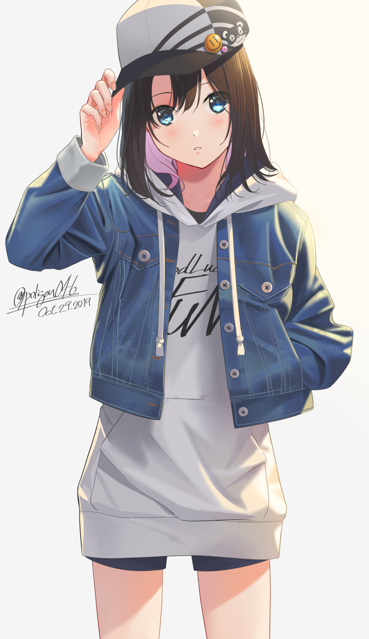 1girl badge bang_dream! baseball_cap black_shorts blue_eyes blush brown_hair button_badge buttons casual clothes_writing cowboy_shot dated denim denim_jacket drawstring gradient gradient_background grey_background grey_hoodie hand_in_pocket hand_on_headwear hat highres hood hood_down hoodie jacket long_sleeves looking_at_viewer multicolored_hair okusawa_misaki open_clothes open_jacket parted_lips pink_hair poligon_(046) short_hair shorts signature solo two-tone_hair unbuttoned white_headwear