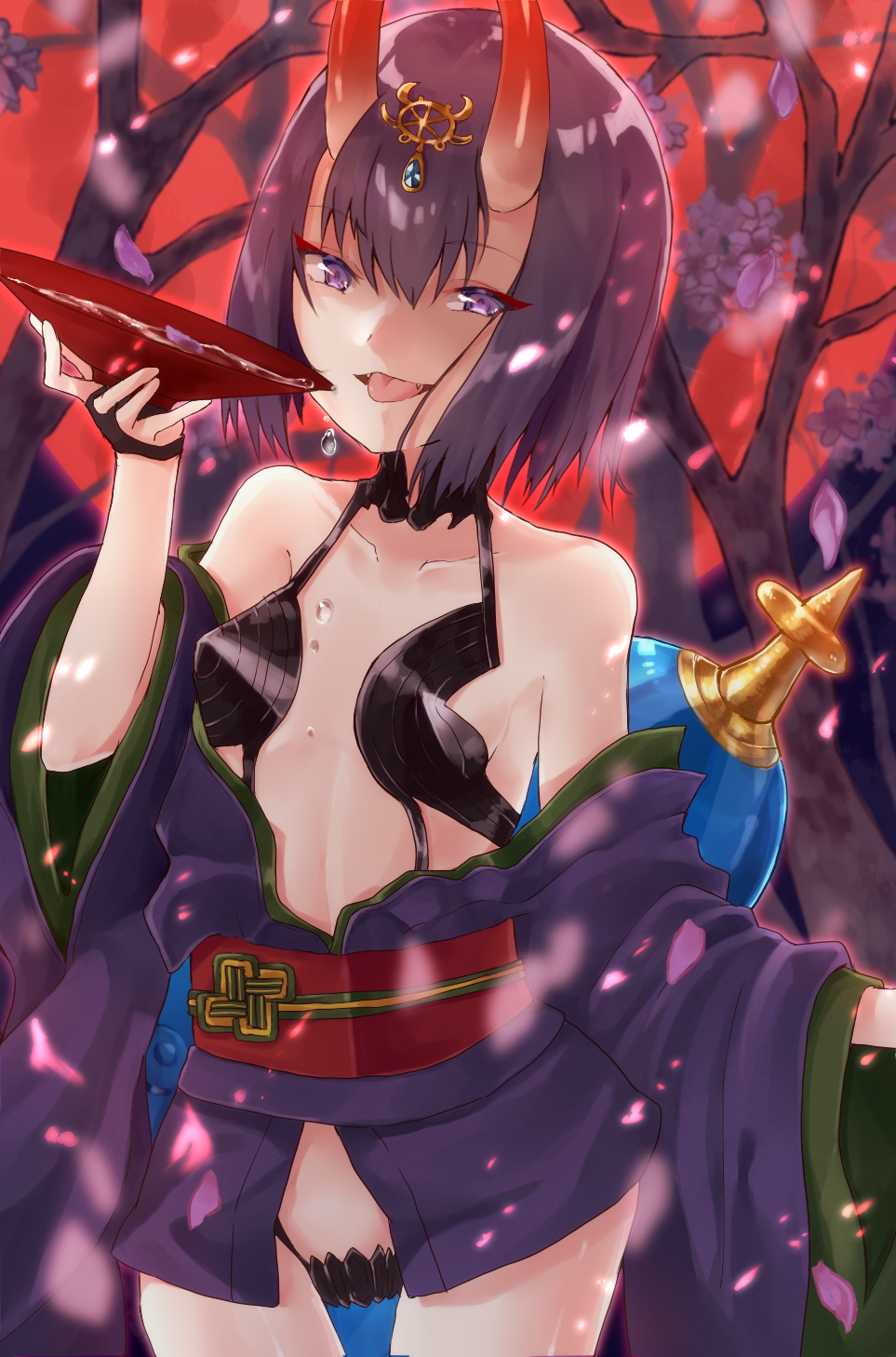 1girl alcohol bangs bare_shoulders blush bob_cut breasts bridal_gauntlets cherry_blossoms collarbone cup eyeliner fangs fate/grand_order fate_(series) gourd headpiece highres horns japanese_clothes kimono large_breasts long_sleeves looking_at_viewer makeup obi off_shoulder oni oni_horns open_mouth petals purple_hair purple_kimono red_background revealing_clothes sakazuki sake sash short_eyebrows short_hair short_kimono shuten_douji_(fate/grand_order) small_breasts smile solo thighs tongue tongue_out tree u_yuz_xx violet_eyes wide_sleeves