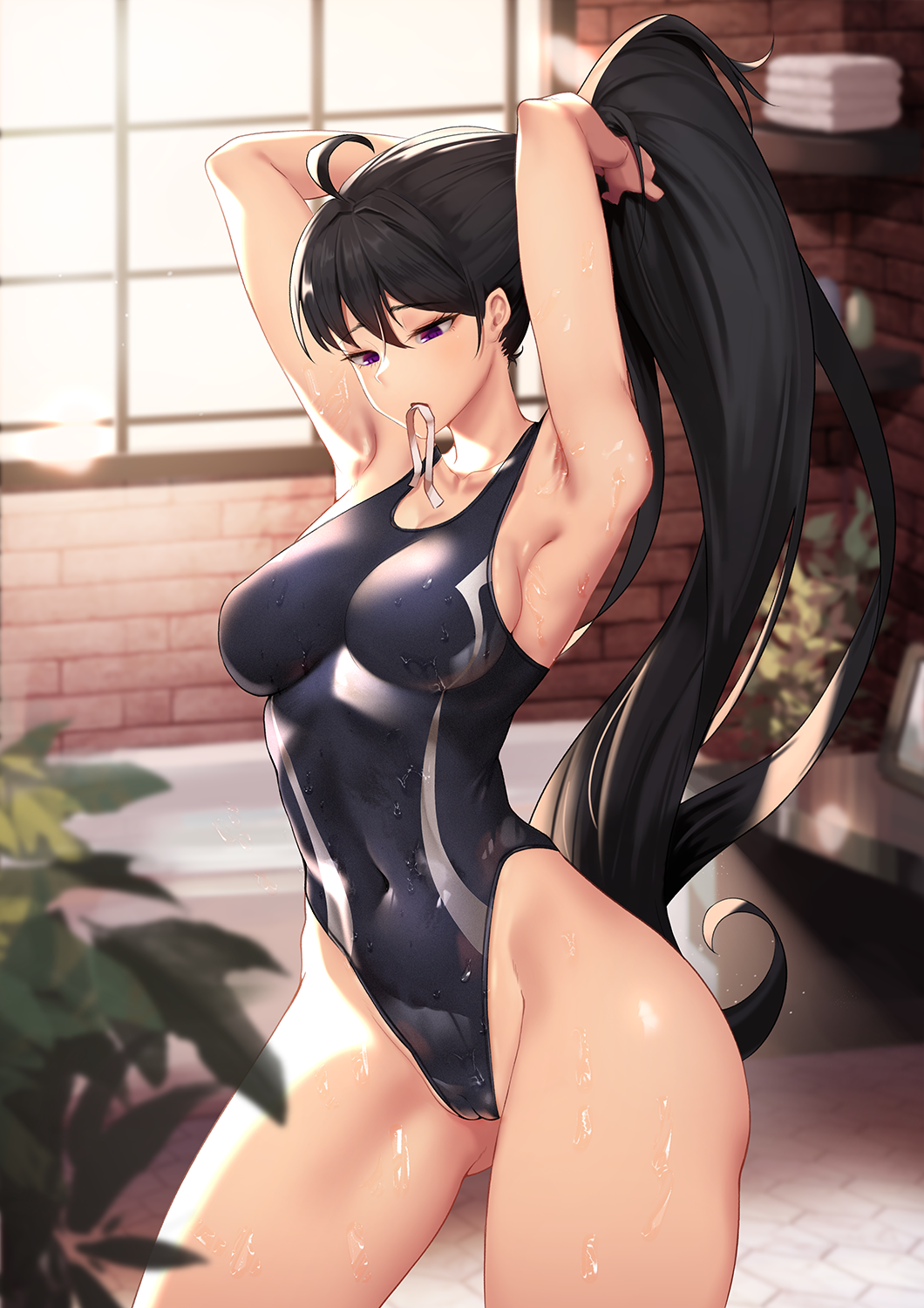 1girl bathtub black_hair black_swimsuit blurry breasts brick_wall competition_swimsuit contrapposto covered_navel cowboy_shot daydream_(zhdkffk21) depth_of_field highres holding holding_hair indoors medium_breasts mouth_hold one-piece_swimsuit original plant ponytail red_eyes ribbon solo standing swimsuit white_ribbon window