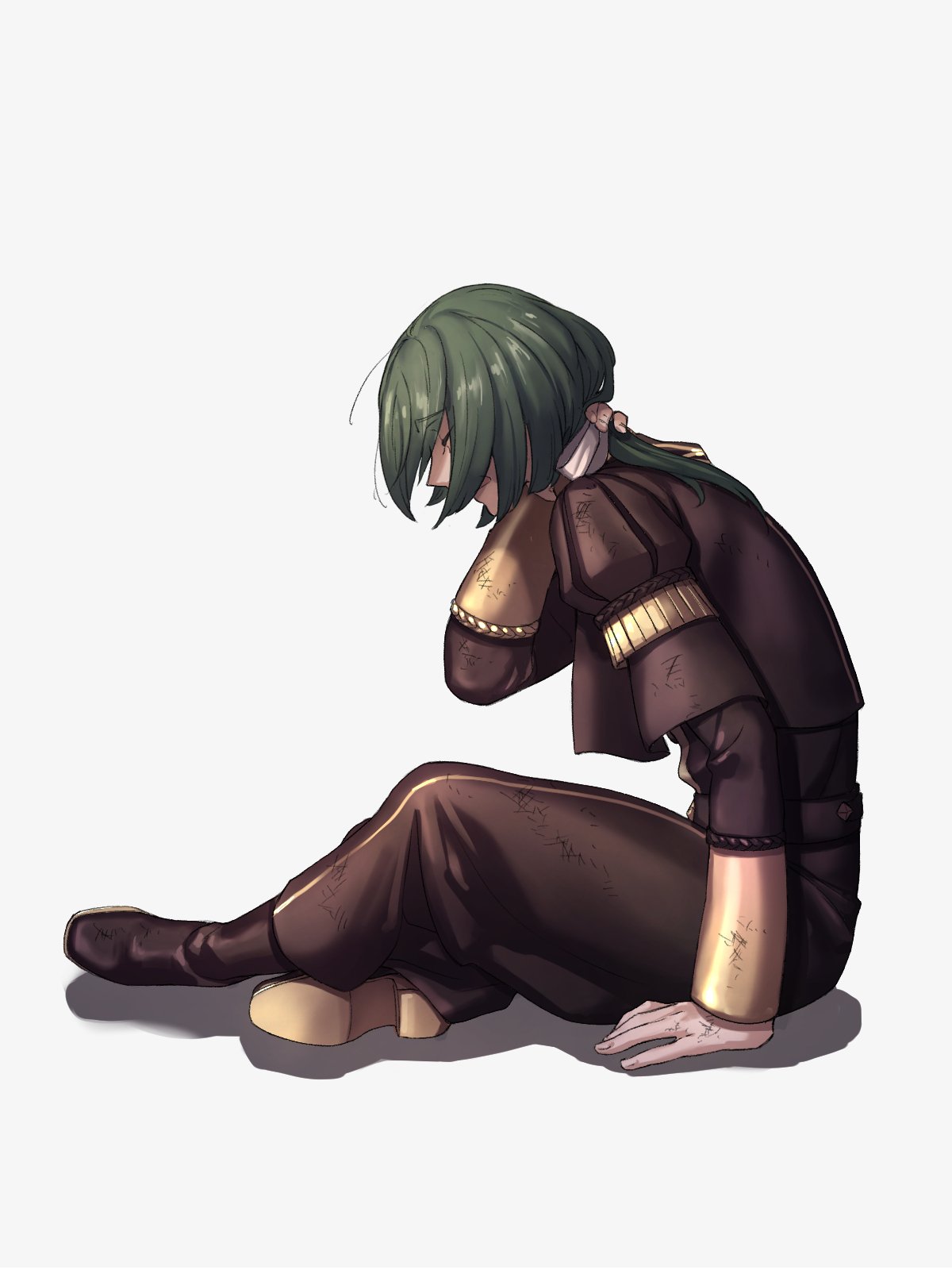 1boy black_footwear boots closed_eyes dirty_clothes dirty_face fire_emblem fire_emblem:_three_houses full_body garreg_mach_monastery_uniform green_hair hand_on_own_neck highres linhardt_von_hevring long_sleeves medium_hair moyashi_mou2 open_mouth pants ponytail profile rubbing_neck shadow simple_background sitting solo white_background