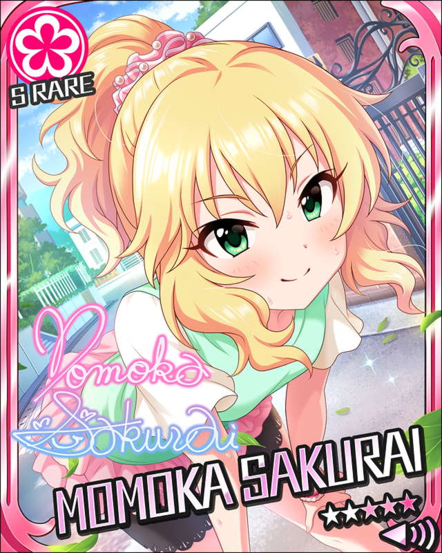 blonde_hair blush character_name dress green_eyes idolmaster idolmaster_cinderella_girls sakurai_momoka short_hair smile stars