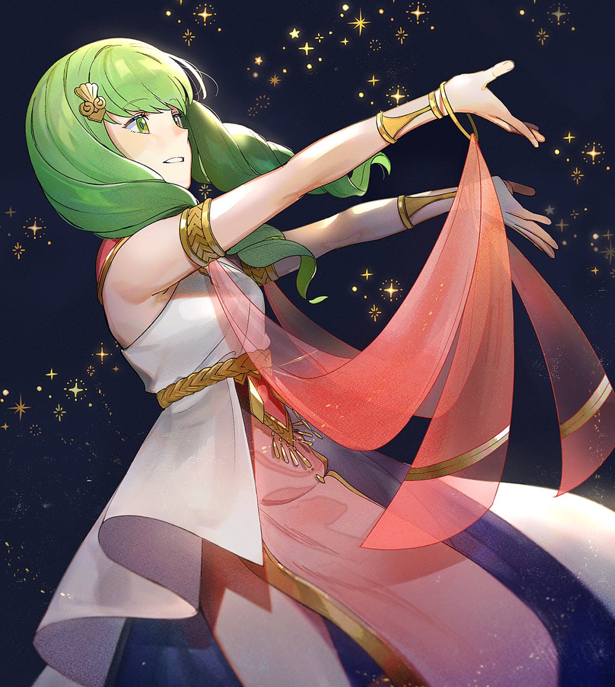 1girl armlet dancer dress fire_emblem fire_emblem:_three_houses flayn_(fire_emblem) green_eyes green_hair hair_ornament highres kyufe long_hair outstretched_arms parted_lips solo