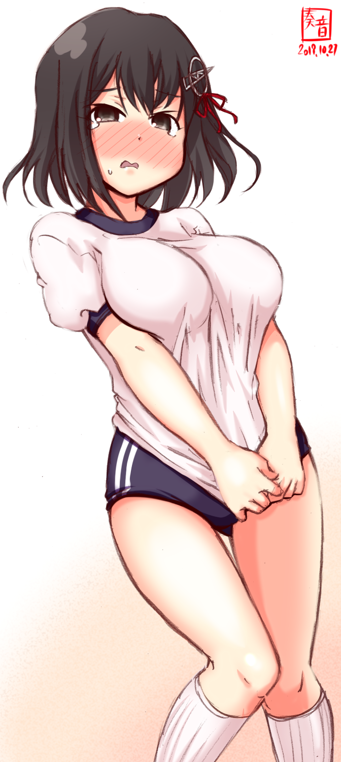 1girl alternate_costume artist_logo black_hair blue_buruma blush brown_eyes buruma commentary_request dated embarrassed feet_out_of_frame gym_uniform haguro_(kantai_collection) hair_ornament highres kanon_(kurogane_knights) kantai_collection kneehighs shirt shirt_pull short_hair simple_background solo standing t-shirt white_background white_legwear white_shirt