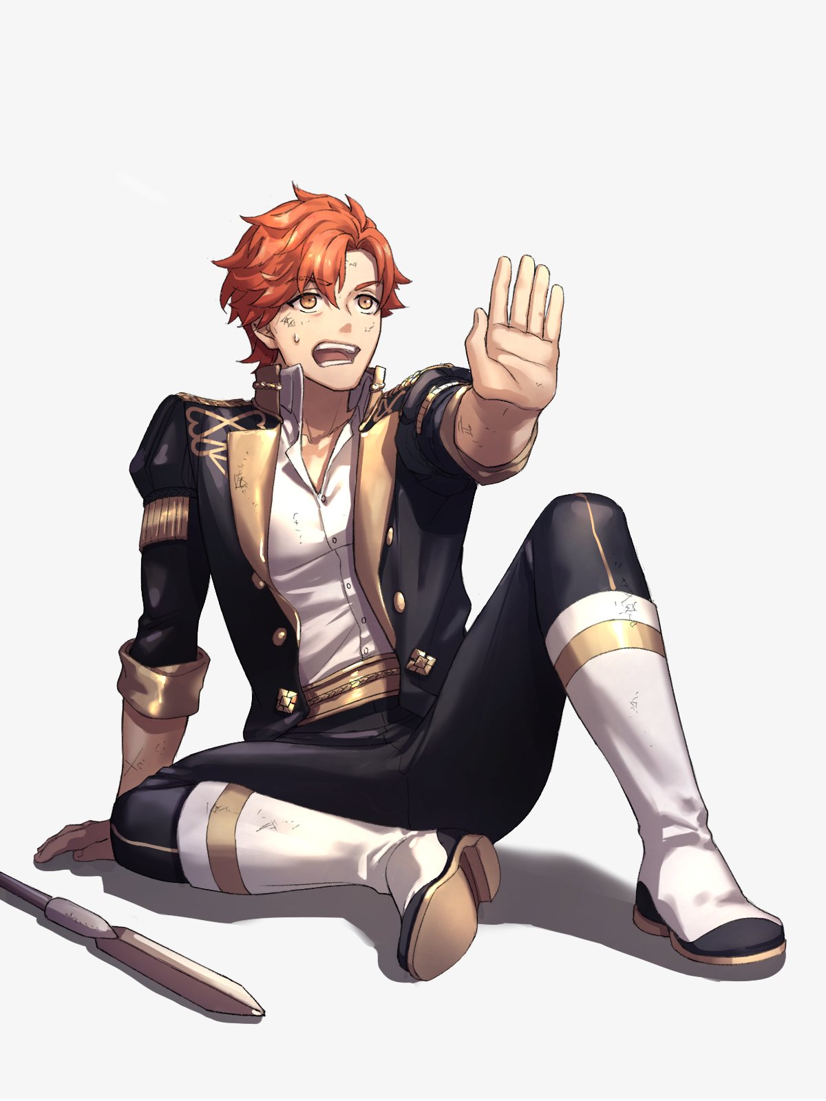 1boy asymmetrical_bangs bangs boots coat collared_shirt dirty_clothes dirty_face eyebrows_visible_through_hair fire_emblem fire_emblem:_three_houses full_body garreg_mach_monastery_uniform highres lance long_sleeves moyashi_mou2 open_mouth orange_eyes orange_hair outstretched_hand pants polearm shadow shirt short_hair simple_background sitting solo spear sweatdrop sylvain_jose_gautier weapon white_background white_footwear