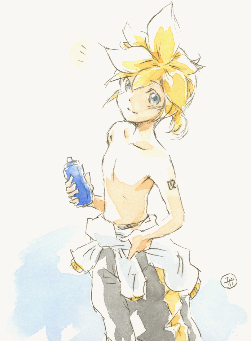 /\/\/\ 1boy black_shorts blonde_hair blue_eyes bottle closed_mouth clothes_around_waist collarbone commentary epoxy_putty feet_out_of_frame from_above hand_on_hip holding holding_bottle kagamine_len looking_at_viewer looking_up male_focus shirt shirt_around_waist shirtless short_hair short_ponytail shorts shoulder_tattoo smile solo spiky_hair tattoo traditional_media vocaloid water_bottle watercolor_(medium) white_shirt