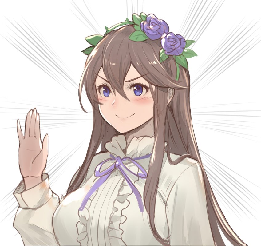 1girl breasts brown_hair flower granblue_fantasy hair_flower hair_ornament hand_up kakage large_breasts long_hair long_sleeves monster_girl plant_girl purple_flower purple_rose rose rosetta_(granblue_fantasy) simple_background solo upper_body very_long_hair violet_eyes white_background