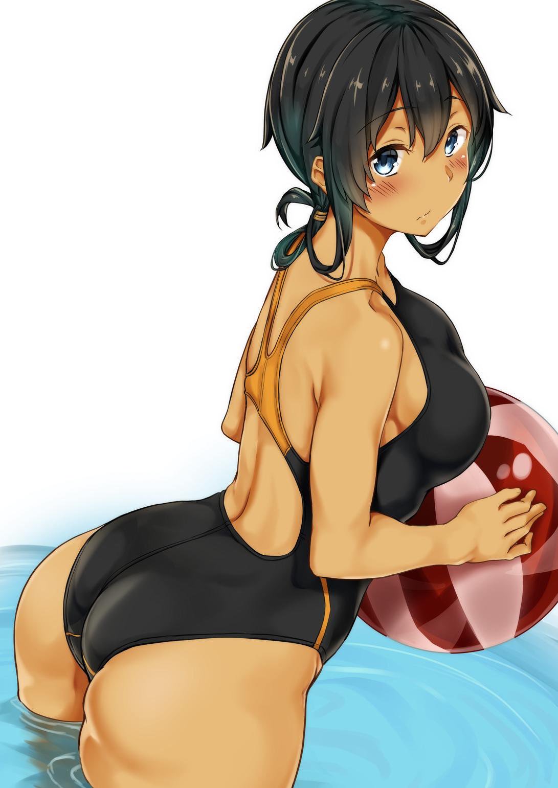 1girl ass ball beachball black_hair black_swimsuit blue_eyes competition_swimsuit cowboy_shot from_behind highres long_hair looking_at_viewer one-piece_swimsuit original simple_background soaking_feet solo standing swimsuit tan tied_hair white_background yuzu_lemon