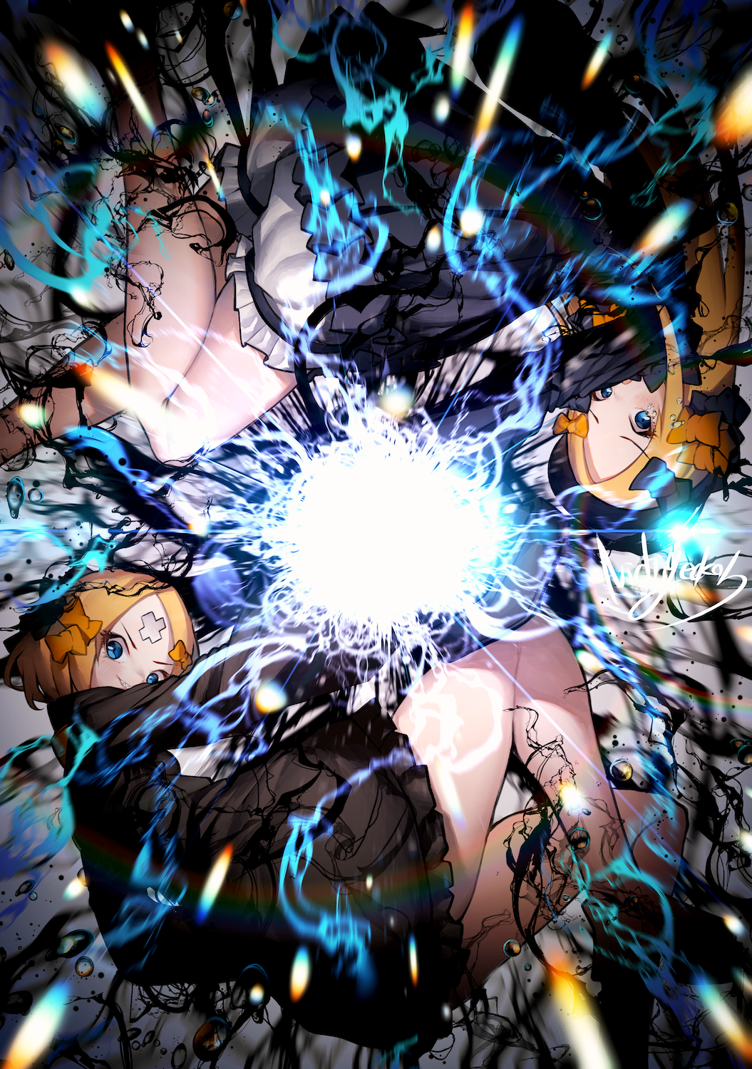 2girls abigail_williams_(fate/grand_order) bangs black_bow black_dress black_headwear blonde_hair blue_eyes blush bow commentary_request dress fate/grand_order fate_(series) forehead hair_bow hat highres lightning long_hair long_sleeves looking_at_viewer multiple_girls multiple_views nichigeckoh orange_bow parted_bangs polka_dot polka_dot_bow sleeves_past_wrists very_long_hair