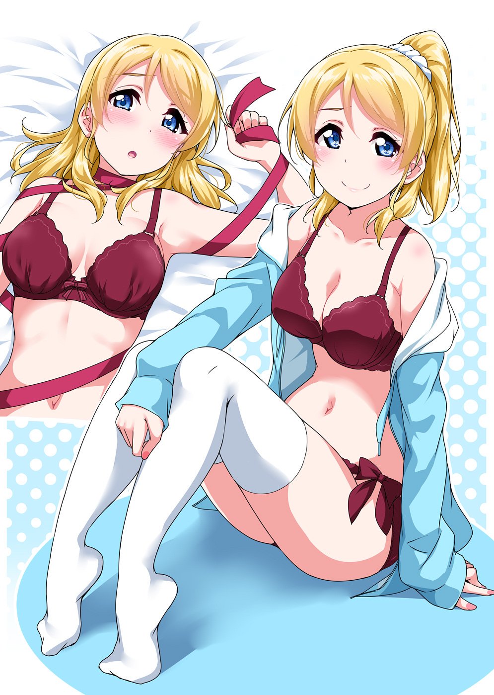 1girl ayase_eli bangs bare_shoulders blonde_hair blue_eyes blue_jacket blush bra breasts collarbone highres jacket large_breasts lingerie long_hair looking_at_viewer love_live! love_live!_school_idol_project lying nail_polish navel on_back open_clothes open_jacket panties polka_dot polka_dot_background ponytail red_bra red_panties red_ribbon ribbon scrunchie side-tie_panties sitting smile solo thigh-highs underwear white_legwear yopparai_oni