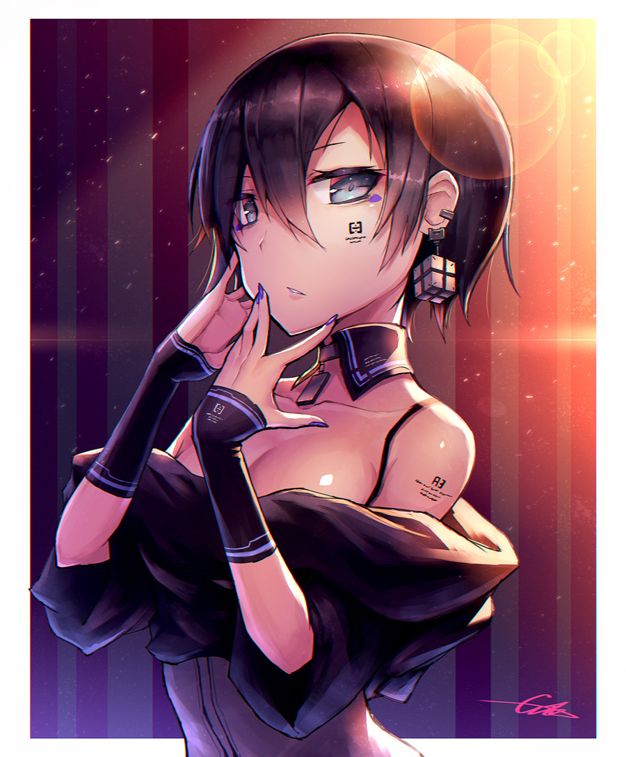 1girl bangs bare_shoulders black_hair blue_eyes border detached_collar dress earrings gia hair_between_eyes jewelry lens_flare looking_at_viewer off-shoulder_dress off_shoulder original outside_border purple_nails short_hair solo striped striped_background tattoo upper_body white_border