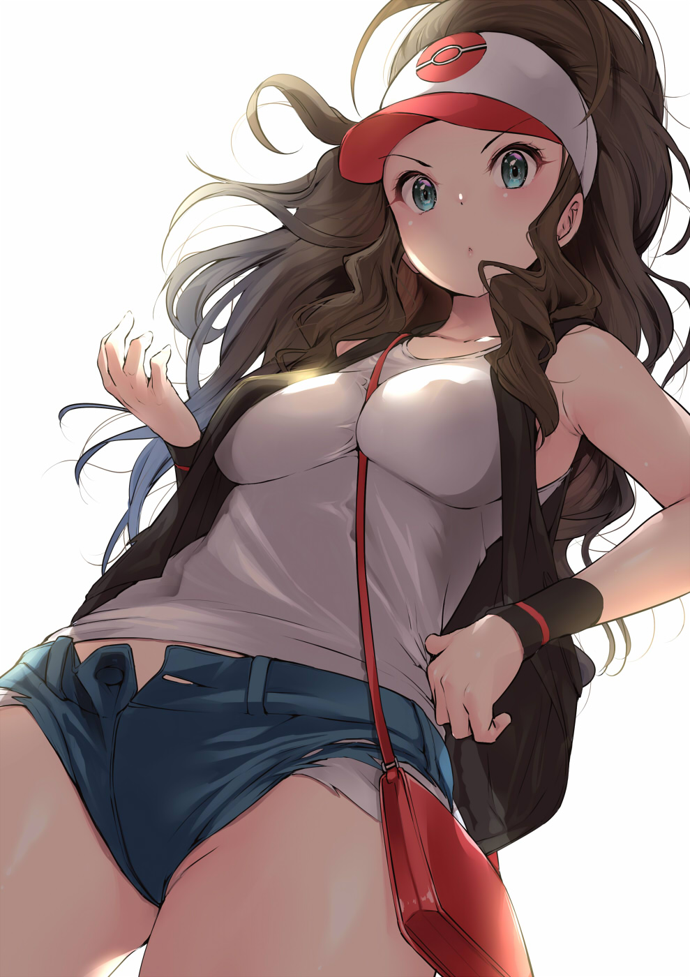 1girl amasora_taichi armpits backlighting bag bare_arms bare_shoulders baseball_cap between_breasts big_hair black_vest blue_eyes breasts brown_hair collarbone commentary_request covered_nipples cowboy_shot curly_hair cutoffs denim denim_shorts dutch_angle exposed_pocket eyebrows_visible_through_hat floating_hair from_below hand_on_hip hand_up hat highres impossible_clothes impossible_shirt long_hair looking_at_viewer medium_breasts pokemon pokemon_(game) pokemon_bw shirt short_shorts shorts shoulder_bag sidelocks sleeveless sleeveless_shirt solo touko_(pokemon) unbuttoned v-shaped_eyebrows vest white_shirt wristband