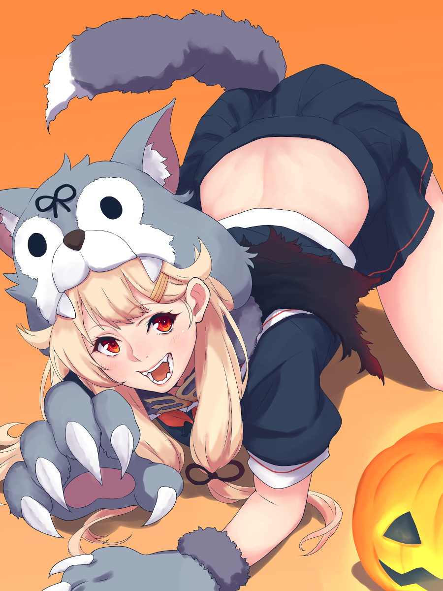 1girl all_fours black_ribbon black_serafuku blonde_hair claws commentary_request fangs gloves gradient gradient_background hair_flaps hair_ornament hair_ribbon hairclip highres jack-o'-lantern kantai_collection looking_at_viewer neckerchief orange_background paw_gloves paws red_eyes red_neckwear remodel_(kantai_collection) ribbon school_uniform serafuku shingyo solo straight_hair tail teeth wolf_hood wolf_tail yuudachi_(kantai_collection)