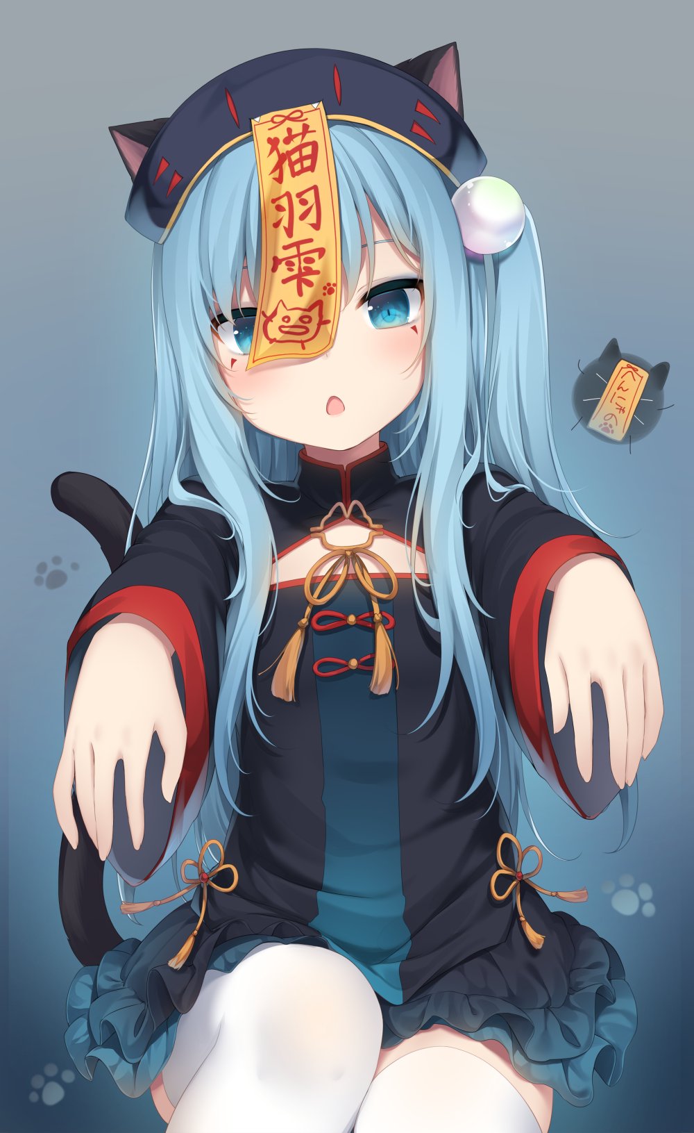 1girl amashiro_natsuki animal_ears animal_hat bangs black_dress black_headwear blue_eyes blue_hair blush cat_ears cat_girl cat_hat cat_tail commentary dress eyebrows_behind_hair facial_mark frilled_dress frills hair_ornament hat highres jiangshi jiangshi_costume long_hair long_sleeves looking_at_viewer nekoha_shizuku ofuda one_side_up open_mouth original outstretched_arms solo tail thigh-highs very_long_hair white_legwear wide_sleeves