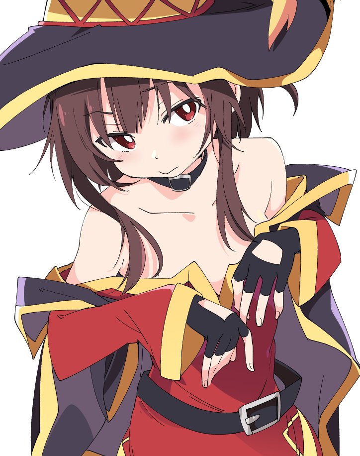 1girl bare_shoulders belt black_belt black_gloves black_headwear brown_hair closed_mouth collarbone eyebrows_visible_through_hair fingerless_gloves gloves hat ixy kono_subarashii_sekai_ni_shukufuku_wo! megumin red_eyes short_hair_with_long_locks simple_background solo white_background witch_hat