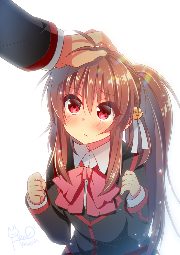 1girl ahoge bangs bell black_jacket blazer blush bow bowtie brown_hair collared_shirt hair_bell hair_between_eyes hair_ornament hair_ribbon hand_on_another's_head hano_haruka jacket jingle_bell little_busters!! long_hair long_sleeves natsume_rin petting pink_bow pink_neckwear ponytail red_eyes ribbon school_uniform shirt sidelocks simple_background solo_focus sparkle tareme white_background