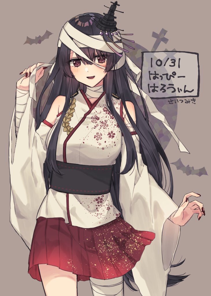 1girl bandaged_arm bandaged_head bandaged_leg bandages bangs bat black_hair blush breasts dated detached_sleeves fusou_(kantai_collection) halloween headgear japanese_clothes kantai_collection long_hair nail_polish nontraditional_miko open_mouth pleated_skirt red_eyes red_skirt saitu_miki signature skirt solo tombstone wide_sleeves