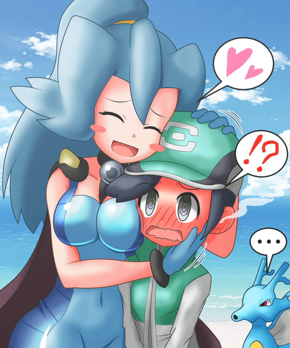 !? ... 1boy 1girl @_@ ^_^ baseball_cap blonde_hair blue_sky blush blush_stickers bodysuit breasts cape closed_eyes clouds commentary_request day happy hat heart highres ibuki_(pokemon) jealous kingdra open_mouth pokemon pokemon_(game) pokemon_masters ponytail sky smile thought_bubble wavy_mouth