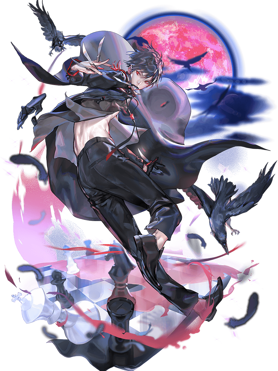 1boy bird black_footwear black_hair black_pants blood chess_piece chessboard claude_fermat clouds crow highres leenim looking_back lord_of_dice male_focus moon mouth_hold official_art open_clothes open_shirt pants red_eyes red_moon shoes solo transparent_background