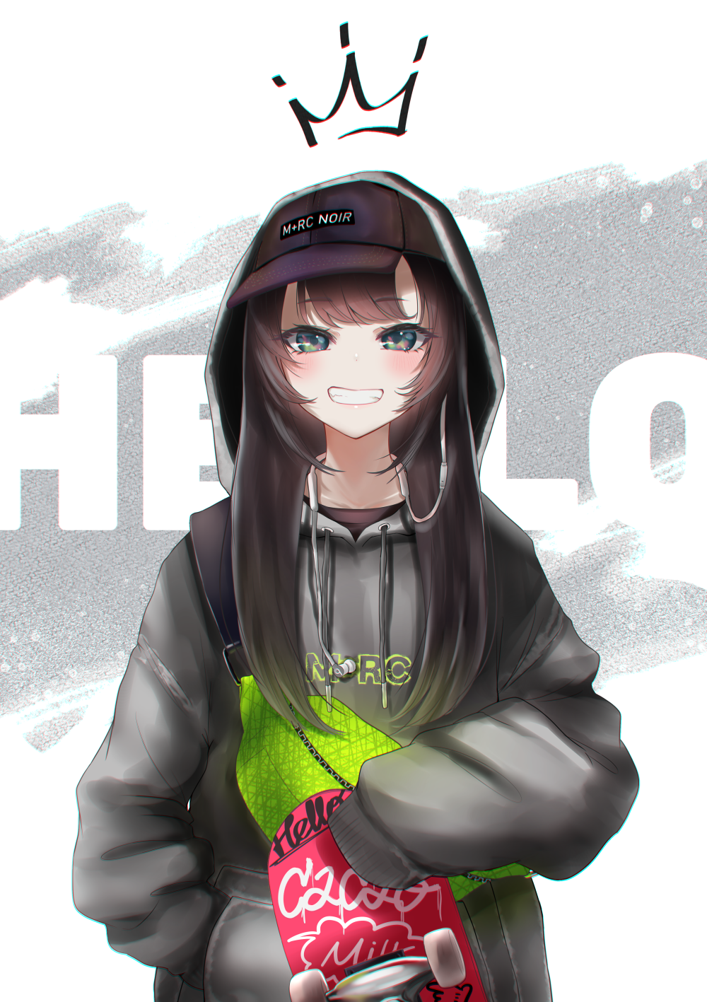 1girl artist_name bangs black_headwear blush brown_hair caocaogelato fanny_pack grey_background grey_hoodie hand_in_pocket hat highres hood hoodie long_sleeves looking_at_viewer original pouch skateboard sleeves_past_fingers sleeves_past_wrists smile standing teeth