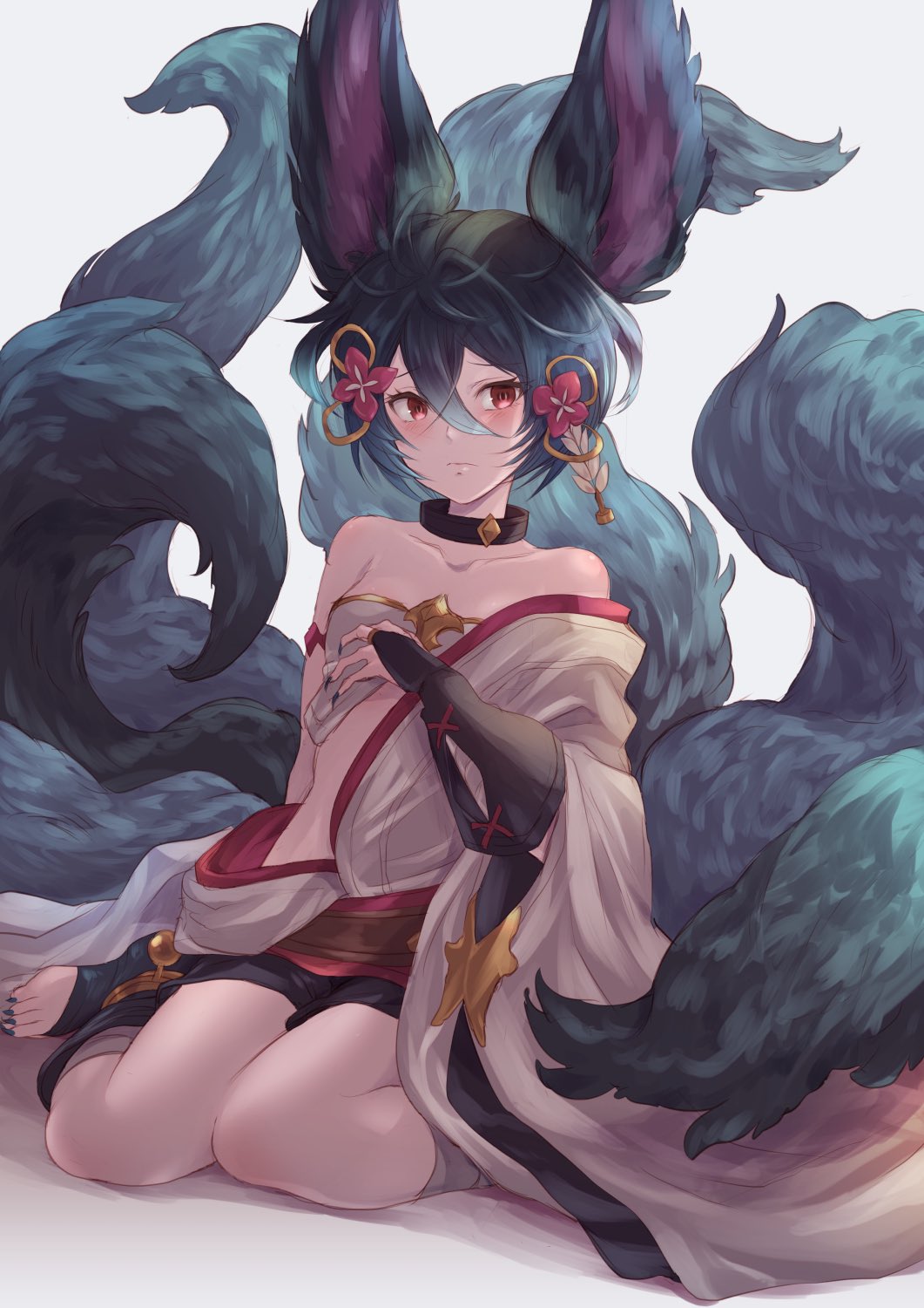 animal_ears backless_outfit bandaged_arm bandages blue_hair erune fox_ears fox_girl fox_tail granblue_fantasy highres large_tail lov_n_n multiple_tails off_shoulder short_hair shorts sitting tail you_(granblue_fantasy)