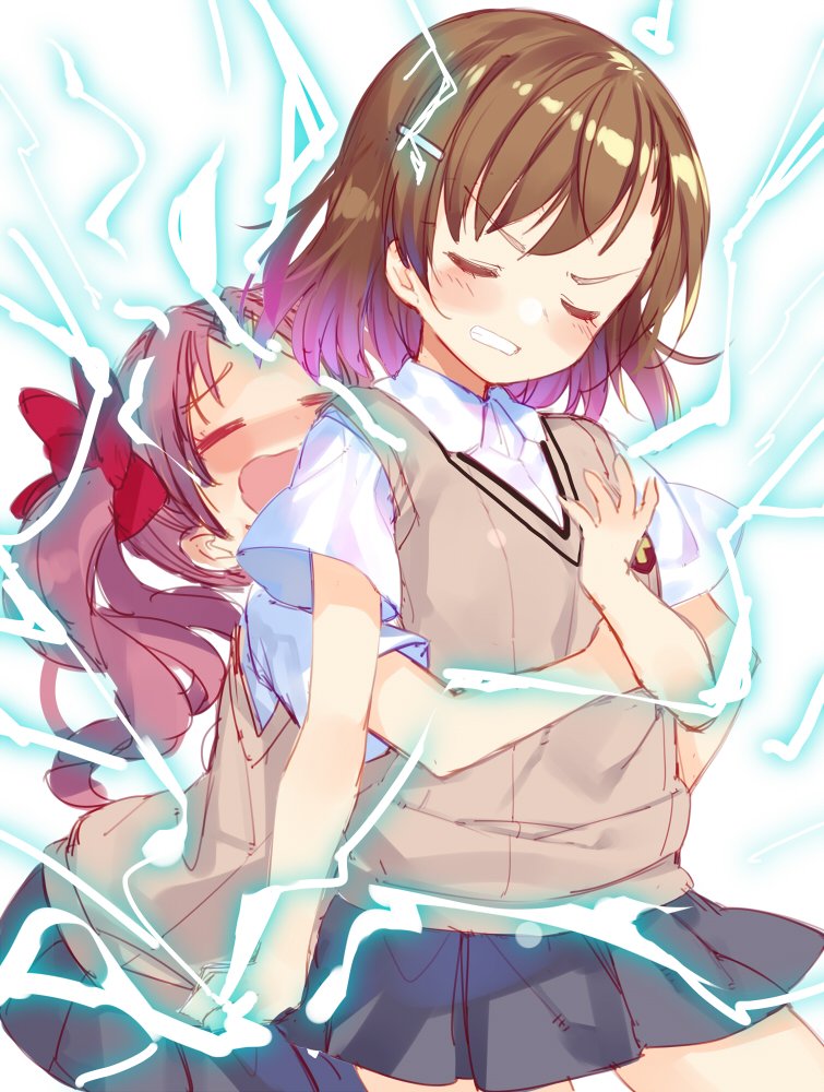 2girls =_= biribiri blush brown_hair bucchake_(asami) clenched_teeth closed_eyes condensation_trail cowboy_shot electricity grey_skirt hair_ornament hairclip hand_on_hip hug hug_from_behind long_hair looking_at_viewer misaka_mikoto multiple_girls open_mouth pleated_skirt school_uniform shirai_kuroko short_hair simple_background skirt smile standing sweater_vest teeth to_aru_kagaku_no_railgun to_aru_majutsu_no_index tokiwadai_school_uniform twintails white_background