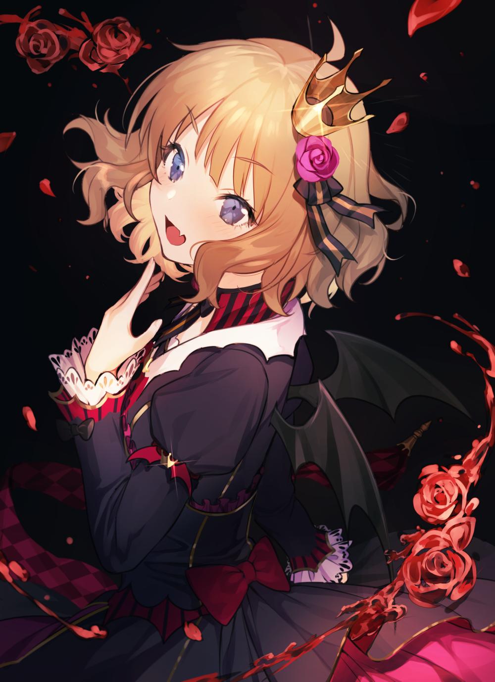 1girl :d alternate_costume back_bow bangs bat_wings black_dress black_neckwear blonde_hair blood blue_eyes blunt_bangs bob_cut bow checkered checkered_floor commentary_request cowboy_shot crown dress dress_bow fang flower gochuumon_wa_usagi_desu_ka? hair_flower hair_ornament hair_ribbon hand_to_own_mouth highres juliet_sleeves kirima_sharo lace-trimmed_sleeves long_sleeves looking_at_viewer looking_back mini_crown open_mouth pink_flower pink_rose puffy_sleeves red_bow red_flower red_rose ribbon rose short_hair skin_fang smile solo vampire wings