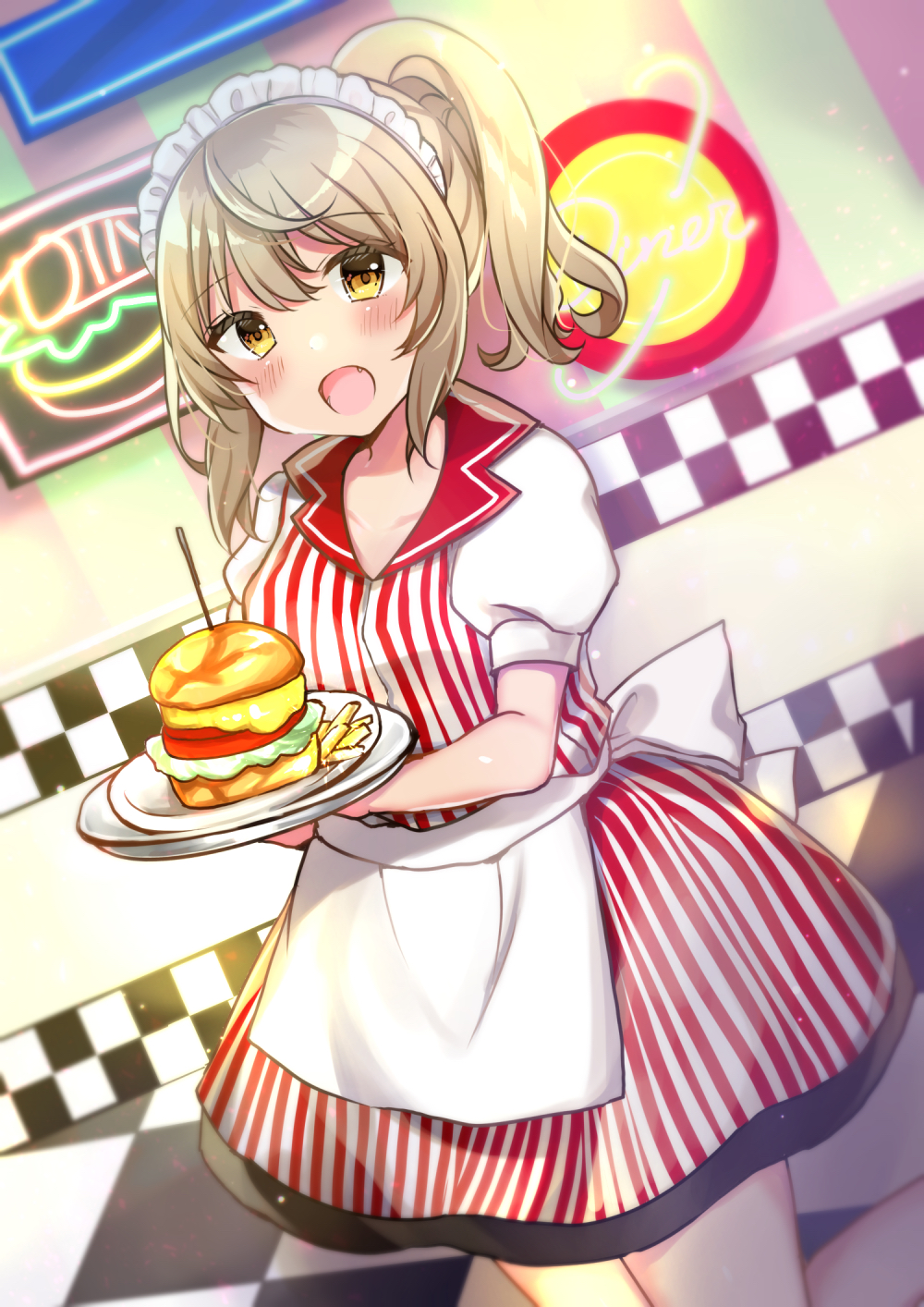 1girl :d apron bangs blurry blurry_background blush checkered checkered_floor collarbone collared_shirt commentary_request depth_of_field eyebrows_visible_through_hair fangs food french_fries hair_between_eyes hamburger high_ponytail highres holding holding_tray indoors kneeling light_brown_hair looking_at_viewer maid_headdress minami_saki neon_lights open_mouth original plate ponytail puffy_short_sleeves puffy_sleeves shirt short_sleeves skirt smile solo standing striped striped_shirt tray vertical-striped_shirt vertical-striped_skirt vertical_stripes waist_apron waitress white_apron yellow_eyes