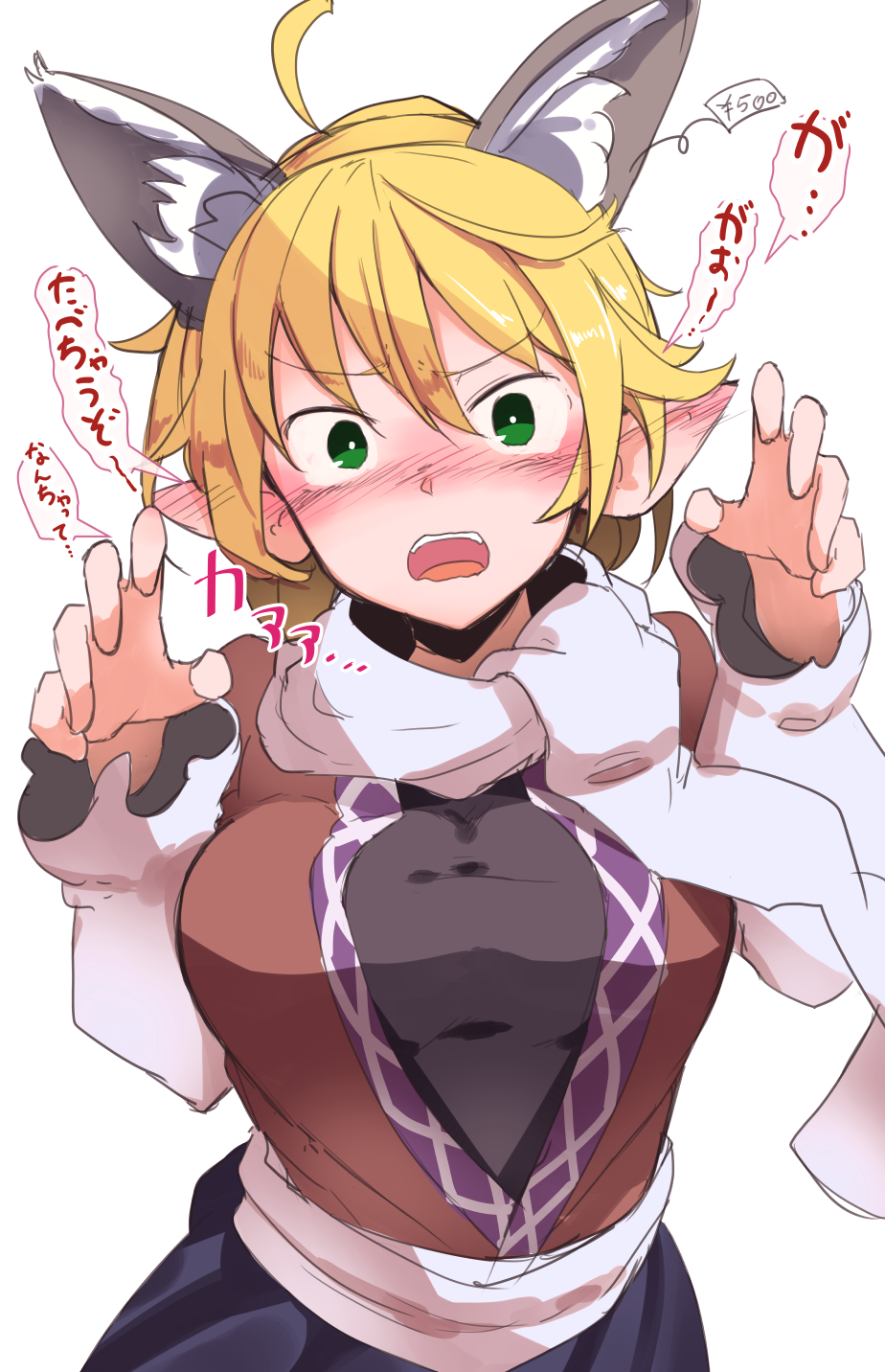 1girl ahoge animal_ear_fluff animal_ears bangs black_skirt blonde_hair blush brown_shirt claw_pose commentary_request ear_blush eyebrows_visible_through_hair fake_animal_ears furorina green_eyes hair_between_eyes hands_up highres long_sleeves looking_at_viewer mizuhashi_parsee nose_blush open_mouth pointy_ears sash scarf shirt short_hair simple_background skirt solo speech_bubble touhou translation_request upper_body white_background white_sash white_scarf wolf_ears