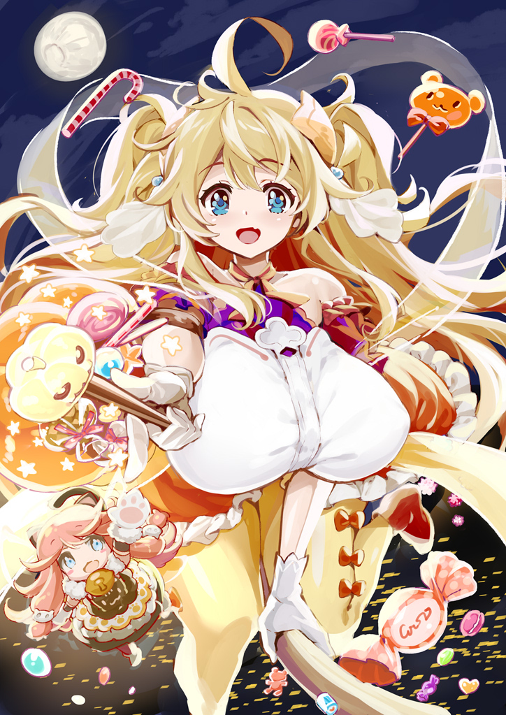2girls ahoge bare_shoulders bell blonde_hair blue_eyes breasts broom broom_riding candy dragalia_lost dress eyebrows_visible_through_hair fang food full_moon gloves hair_ribbon halloween large_breasts lollipop metk moon multiple_girls night night_sky notte_(dragalia_lost) open_mouth paw_gloves paws pink_hair ribbon ribbon_legwear sky twintails wand white_gloves yellow_legwear zethia