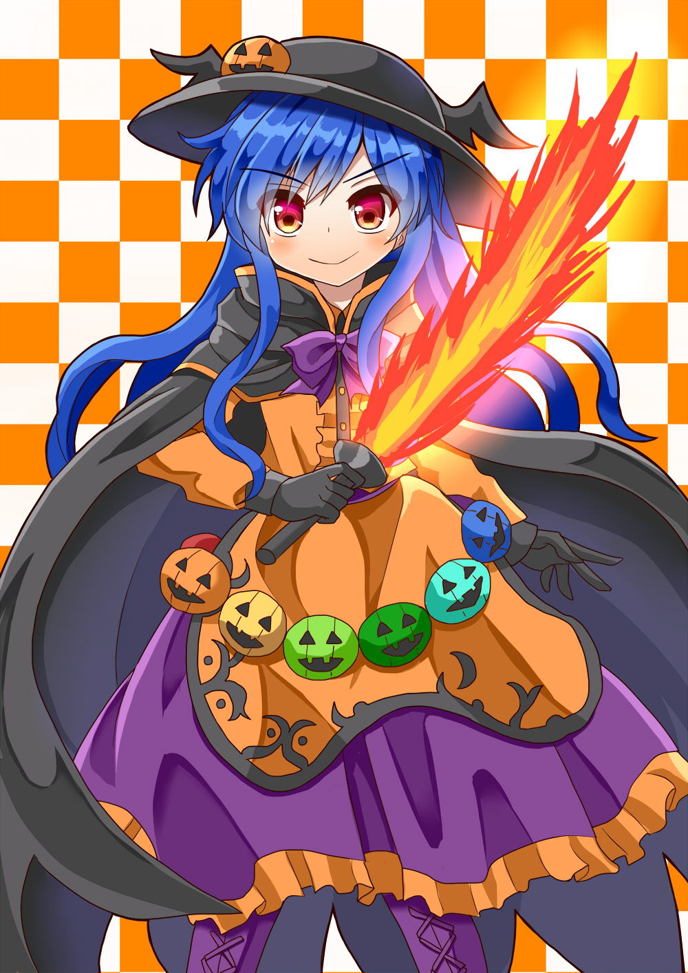 1girl :&gt; alternate_costume black_cape black_gloves blue_hair blush boots bow bowtie cape checkered checkered_background commentary cross-laced_footwear dress eyebrows_visible_through_hair feet_out_of_frame gloves hair_ornament halloween halloween_costume hat highres hinanawi_tenshi holding holding_weapon jack-o'-lantern jack-o'-lantern_hair_ornament layered_dress long_hair looking_at_viewer orange_background orange_dress purple_footwear purple_neckwear purple_skirt red_eyes sidelocks skirt smile solo standing sugiyama_ichirou sword_of_hisou team_shanghai_alice touhou two-tone_background very_long_hair weapon white_background