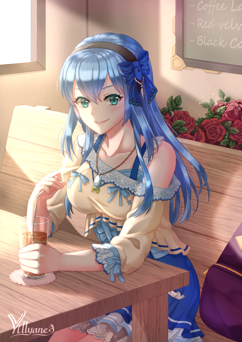 1girl aqua_eyes artist_name bangs bare_shoulders beige_shirt bench bendy_straw black_hairband blue_bow blue_camisole blue_hair blue_skirt bow camisole center_frills character_request closed_mouth collarbone commentary cup drink drinking_glass drinking_straw english_commentary eyebrows_visible_through_hair flower hair_between_eyes hair_bow hairband holding holding_cup indoors jewelry long_hair off_shoulder on_bench park_bench pendant phantasy_star phantasy_star_online_2 pleated_skirt puffy_short_sleeves puffy_sleeves red_flower red_rose rose short_sleeves signature sitting skirt smile solo table very_long_hair villyane