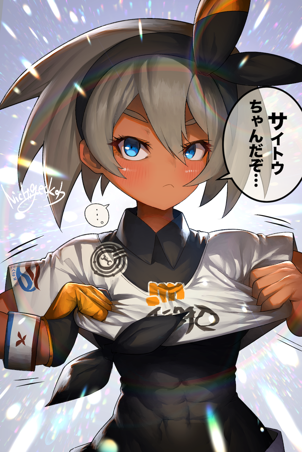 1girl abs blue_eyes bodysuit bodysuit_under_clothes breasts commentary_request covered_navel dark_skin frown gloves grey_hair gym_leader hair_between_eyes hairband highres looking_at_viewer nichigeckoh pokemon pokemon_(game) pokemon_swsh saitou_(pokemon) shirt short_hair short_sleeves shorts single_glove solo translation_request wristband