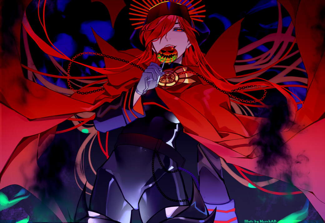 1girl cape chain crest dark_background fate/grand_order fate_(series) flat_cap food from_below gloves hair_over_one_eye halloween hat high_collar holding holding_food jack-o'-lantern lipstick long_hair long_sleeves makeup marchab_66 mouth_hold oda_nobunaga_(fate)_(all) oda_nobunaga_(maou_avenger)_(fate) oda_uri open_mouth pants red_eyes redhead skull solo standing twitter_username